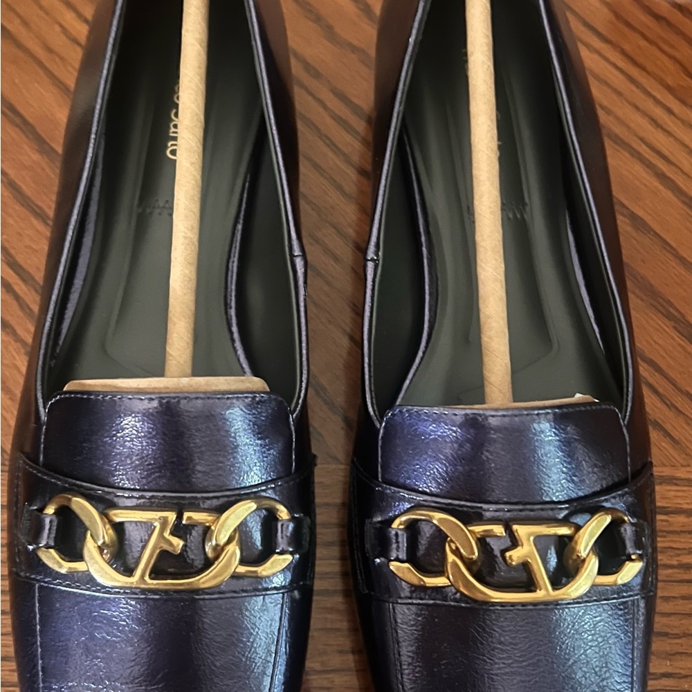 Franco Sarto Dark Blue Loafers with Gold Chain Detail